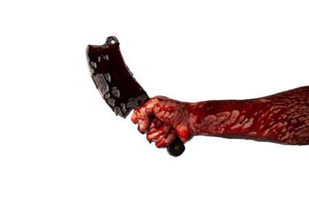 Bloody hand with an ax isolated on a white background.の写真素材