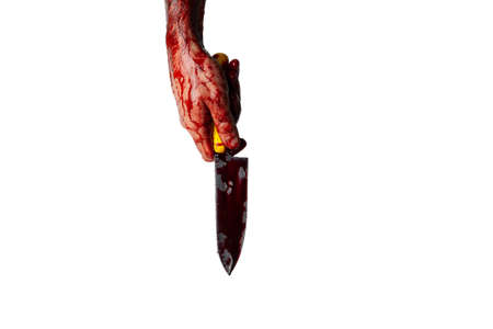 Bloody hand with a knife isolated on a white background.の写真素材