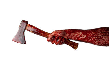 Bloody hand with an ax isolated on a white background.の写真素材
