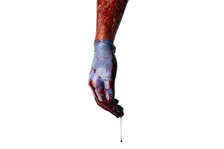 Bloody hand in medical gloves isolated on white background.の写真素材