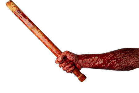 Bloody hand with a baseball bat isolated on white background.の写真素材