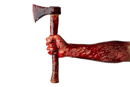 Bloody hand with an ax isolated on a white background.の写真素材