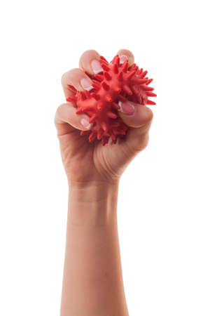 Female young hand holding a virus isolated on white background. Concept of immunity to coronavirus in young people.の写真素材