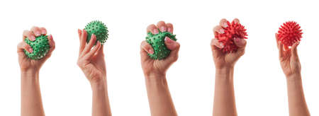 Female young hand holding a virus isolated on white background. Concept of immunity to coronavirus in young people.の写真素材