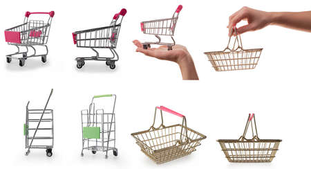 Female hand holds a shopping basket and cart, trolley, isolated on white background. A set of different photos for your shopping design.の写真素材