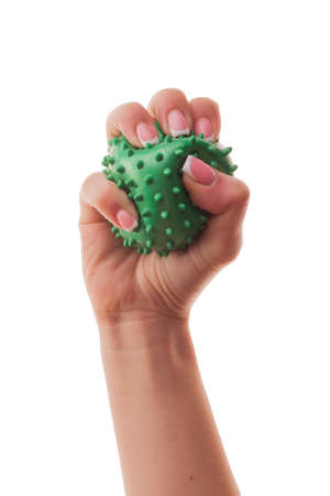 Female young hand holding a virus isolated on white background. Concept of immunity to coronavirus in young people.の写真素材