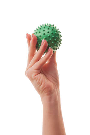 Female young hand holding a virus isolated on white background. Concept of immunity to coronavirus in young people.の写真素材