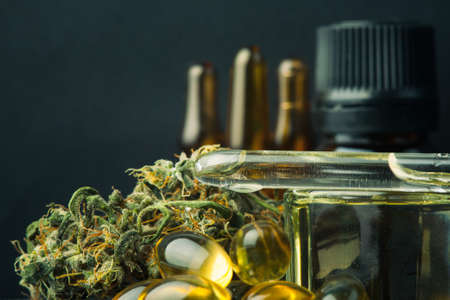 Cannabis bud and oil cbd on a dark, close up macro photo product hemp.の写真素材
