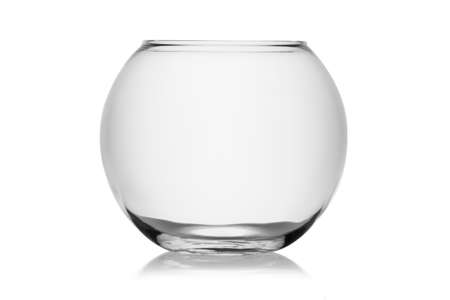 Empty glass fishbowl isolated on a white background without glare. Reflection on the surface. Back light.の写真素材