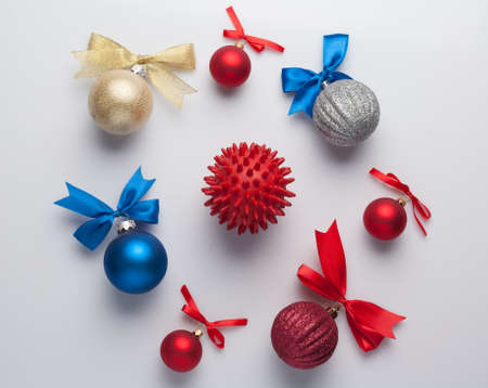 Festive background is a reminder of social distancing during the Christmas holidays.の写真素材