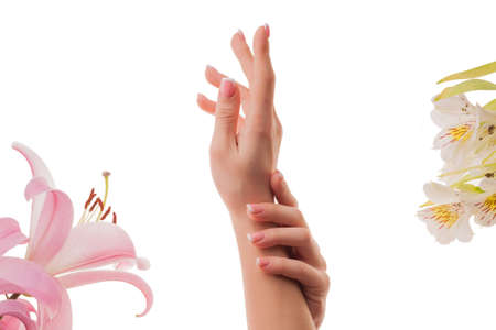 Female hands with French manicure and lily flowers isolated on white background.の写真素材