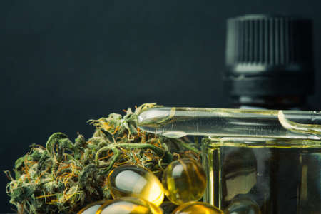 Cannabis bud and oil cbd on a dark, close up macro photo product hemp.の写真素材