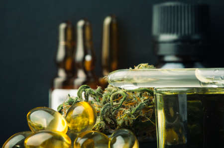 Cannabis bud and oil cbd on a dark, close up macro photo product hemp.の写真素材