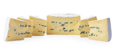 Camembert moldy cheese isolated on white background. Mixture of camembert brie and blue mold.の写真素材