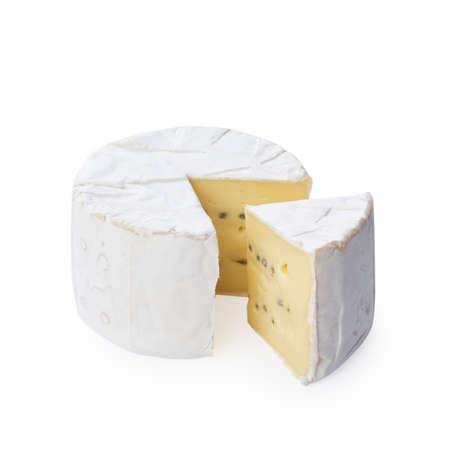 Camembert moldy cheese isolated on white background. Mixture of camembert brie and blue mold.の写真素材