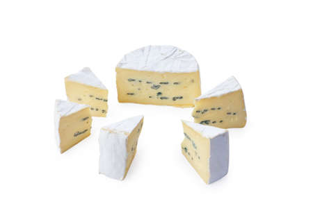 Camembert moldy cheese isolated on white background. Mixture of camembert brie and blue mold.の写真素材