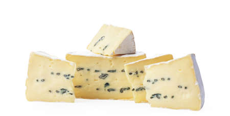 Camembert moldy cheese isolated on white background. Mixture of camembert brie and blue mold.の写真素材