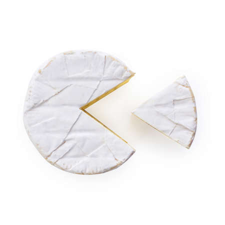 Camembert moldy cheese isolated on white background. Mixture of camembert brie and blue mold.の写真素材