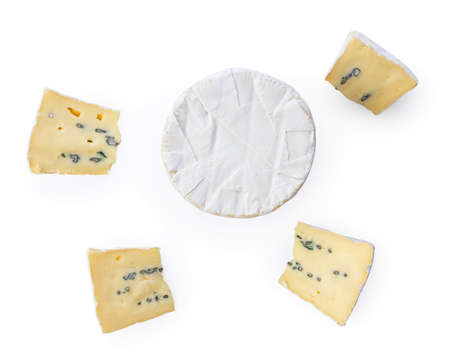 Camembert moldy cheese isolated on white background. Mixture of camembert brie and blue mold.の写真素材