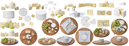 Camembert moldy cheese set isolated on white background. Mixture of camembert brie and blue mold.の写真素材