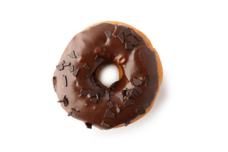 Chocolate brown donut on white isolated background top view.の写真素材