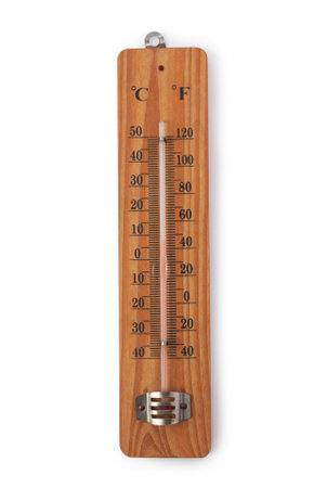 Wooden outside thermometer isolated on white background.の写真素材