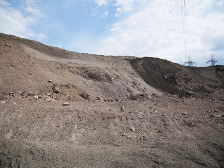 Close-up of large heap of rock stone quarry mining resources.の写真素材