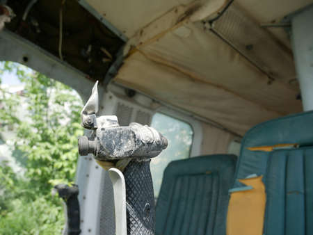Old military abandoned helicopter. Broken non-working helicopter green.