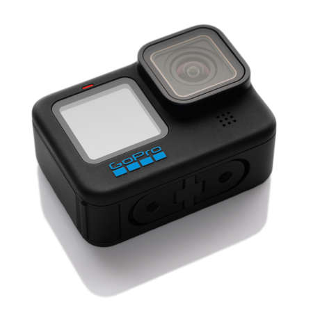 NEW YORK CITY, USA - SEPTEMBER 16, 2021: New flagship action camera GoPro HERO 10 Black isolated on white background.のeditorial素材