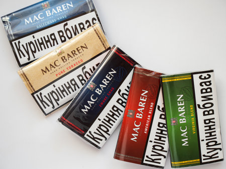ZAPOROZHYE, UKRAINE - APRIL 30, 2023: Pack of rolling tobacco, produced by Mac Baren, Danish manufacturer of tobacco products.のeditorial素材