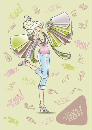 Happy girl with shopping bags in hands at the sale of cosmetics and perfumes. Background from hand-drawn cosmetics and inscriptions sale. Cute blonde laughs. Vector illustration in cartoon style.のイラスト素材