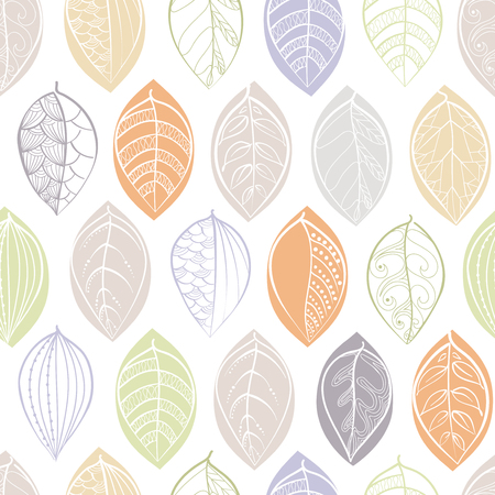 A seamless pattern with doodle leaves. Textile print. Set of doodle  leaves isolated on white. Spring  pattern  in doodle style. Vector illustration isolated on white background in pastel colorsのイラスト素材