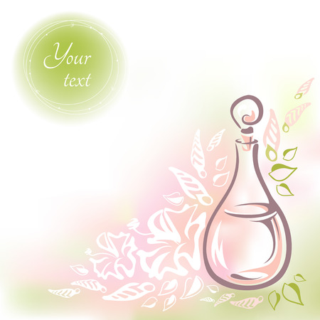 Card with glass bottle flower oil, flowers, buds and leaves and round frame for the text. Vector hand-drawn illustration. Bottle with rose oil and a glass stopper in pastel colorsのイラスト素材