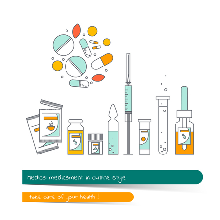 Flat line icon set of medicament.  The card on the medical theme, contains banner for text with a shadow and a hand-drawn arrow with the text.Vector illustration in outline style.のイラスト素材