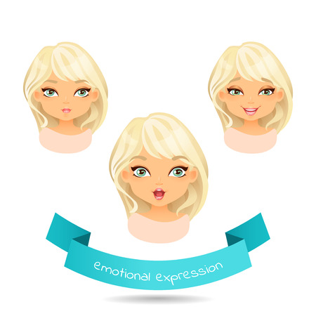 Cute blue eyed blonde with various facial expressions. Set of different emotion: smile, joy, surprise. Cartoon girl  with different expressions of emotion.のイラスト素材