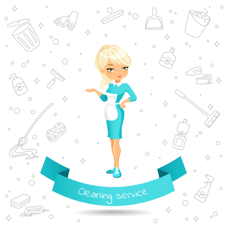 Banner with a %u0441ute cartoon  girl in dress and apron on the background of Doodle products for cleaning. Banner with the inscription on the ribbon Cleaning service.のイラスト素材