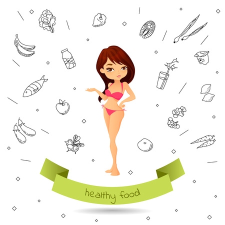 Thin girl in a swimsuit is a healthy lifestyle on the background of the Doodle healthy food. Cartoon woman points on healthy food and perfect shape demonstrates. Concept vector illustrationのイラスト素材