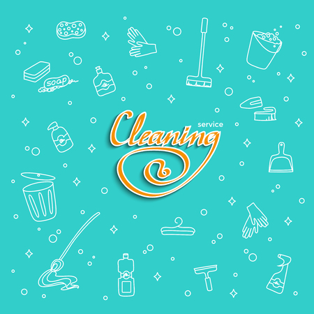The set of means for cleaning the lettering Cleaning service. Banner with Doodle cleaning: gloves, MOP, trash bucket, detergent, dustpan. Hand-drawn vector illustration isolated on white background.のイラスト素材