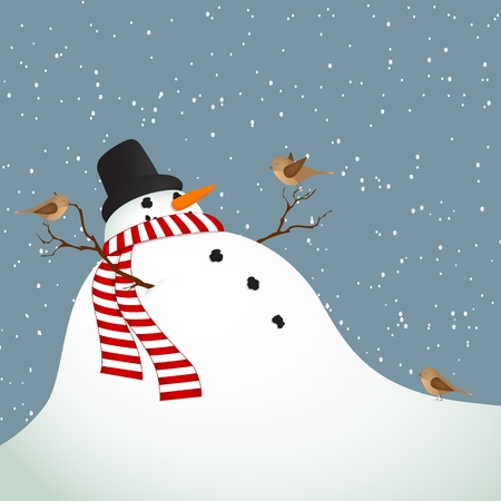 Winter landscape with a snowman covered with birdsのイラスト素材