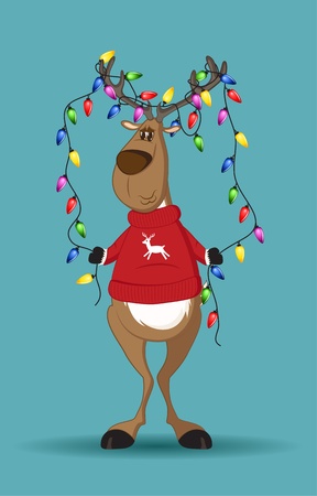 Reindeer in red jumper holding a line of light-bulbs which are tangled in its antlersのイラスト素材