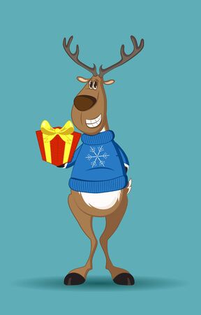 Reindeer in a blue jumper with a snowflake holding a giftのイラスト素材