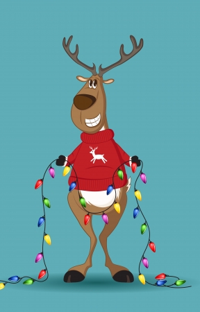 Reindeer in red jumper holding a line of light-bulbs, smilingのイラスト素材