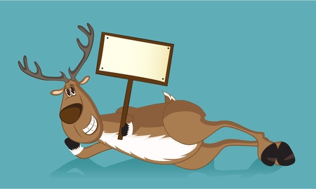 Happy reindeer lying on a side, holding a wooden signのイラスト素材
