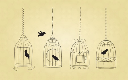 Collection of bird cages with birds drawn in retro styleのイラスト素材
