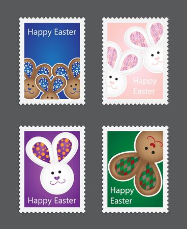 Set of Easter stamps with bunnies on colorful backgroundのイラスト素材