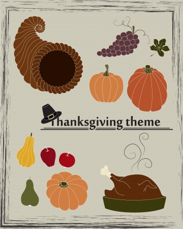 Collection of pumpkins, pears, apples, grapes, cornucopia, turkey and pilgrimのイラスト素材
