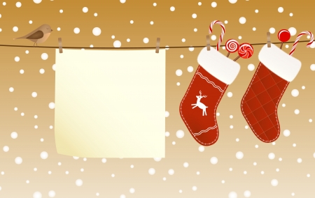Christmas socks full of candies hanged on a clothesline next to a piece of paperのイラスト素材