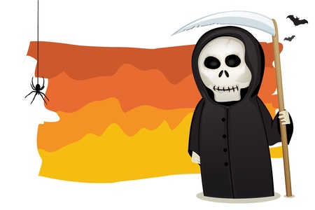 Halloween invitation card with death costume figure with scythe on colorfull backgroundのイラスト素材