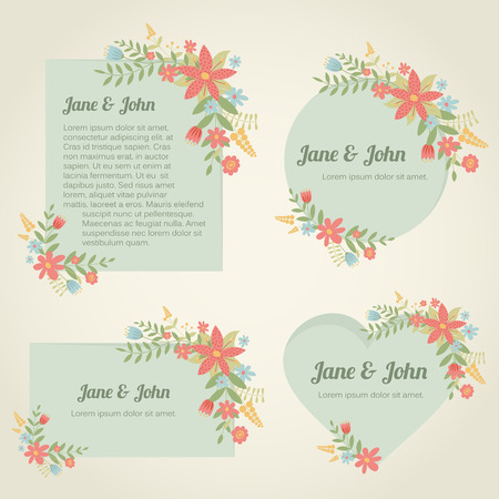 Collection of romantic vintage banners of different shapes with flowersのイラスト素材