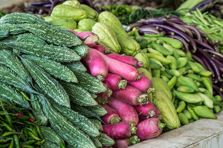 Pile of various vegetables and legumes on marketの写真素材
